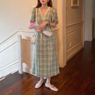 Plaid V-neck Lace Trim Lantern-sleeve Slim Fit Dress