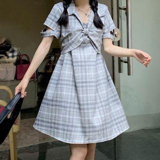 Plaid Bow Mini A-line Dress Plaid Bow - Gray - One Size