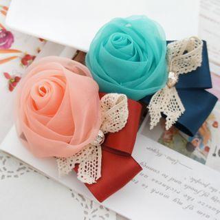 Mesh Rose & Bow Hair Clip 01 - Pink - One Size