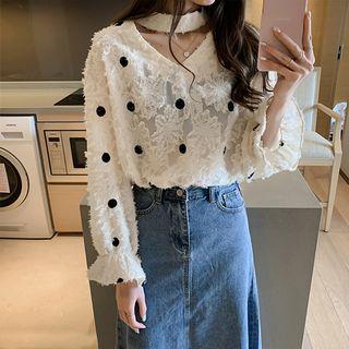 Dotted Long-sleeve Chiffon T Shirt