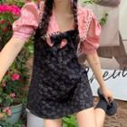Set: Puff-sleeve Lace Trim Blouse + Jacquard Mini Overall Dress + Bow Tie
