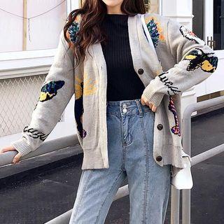 V-neck Print Loose Cardigan Gray - One Size