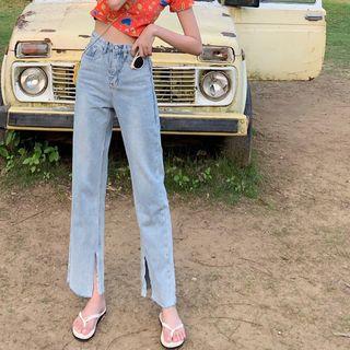 Frayed Hem Slit Wide-leg Jeans
