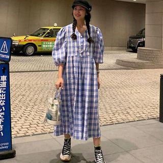 Bell-sleeve V Neck Plaid Dress