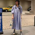 Bell-sleeve V Neck Plaid Dress
