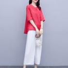 Set: Elbow-sleeve Mandarin-neck Top + Wide-leg Pants