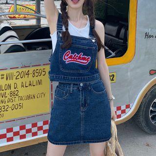 Lettering Embroidered Denim Tank Top / High-waist A-line Denim Mini Skirt
