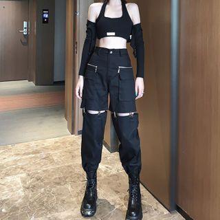 Plain Cropped Cardigan / Cropped Tank Top / Ripped Cargo Pants / Set