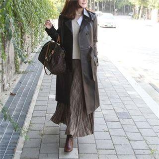 Genuine Leather Double-breasted Coat With Belt