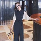 Puff-sleeve Collar Two-tone Jumpsuit