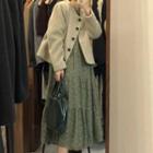 Plain Button Jacket / Long-sleeve Leopard Print Tiered Midi A-line Dress