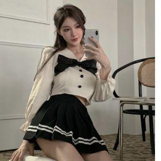 Bow Accent Shirt / Pleated Skirt