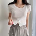 Round Neck Plain Short Sleeve Skinny Crop Top With Button