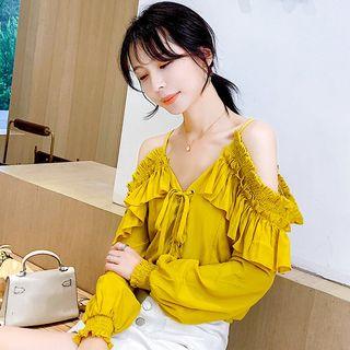 Long-sleeve Ruffled Cold Shoulder Lace-up Top