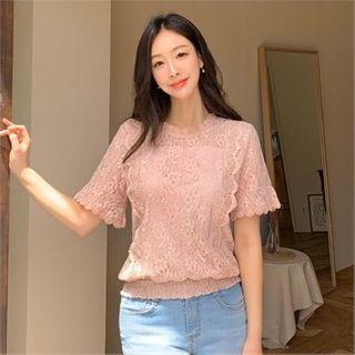Smocked-hem Lace-overlay Top