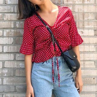 Dotted Short-sleeve V-neck Drawstring Top