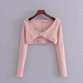 Plain Single-breasted Long-sleeve Crop Top