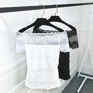 Off Shoulder Lace Panel Short-sleeve T-shirt