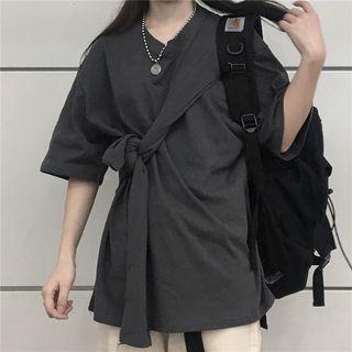 Elbow-sleeve Tie-front T-shirt Gray - One Size