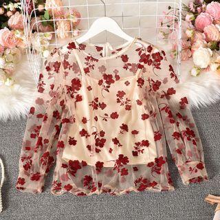 Set: Floral Print Mesh Blouse + Spaghetti Strap Top