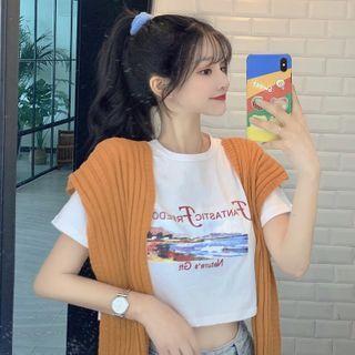 Lettering Short-sleeve Cropped T-shirt One Size - One Size