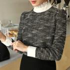 High-neck Lace-trim Tweed Blouse
