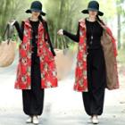 Floral Print Buttoned Hooded Vest Red - One Size