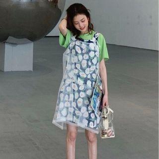 Plain Short-sleeve T-shirt / Printed Jumper Dress / Mesh Spaghetti Strap Dress