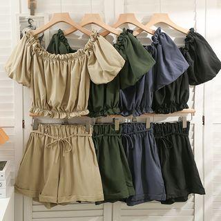 Set: Off-shoulder Ruffle-trim Crop Top + Shorts With Cord