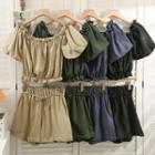 Set: Off-shoulder Ruffle-trim Crop Top + Shorts With Cord