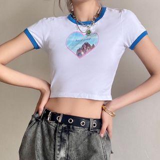 Short-sleeve Heart Print Cropped Ringer T-shirt