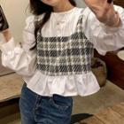 Mock Two Piece Blouse Navy Blue & White - One Size