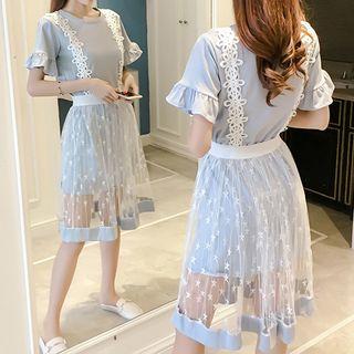 Set: Short-sleeve Dress + Lace Suspender Dress