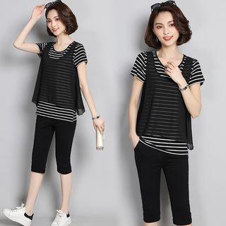 Set: Striped Short-sleeve T-shirt + Tank Top + Capri Pants