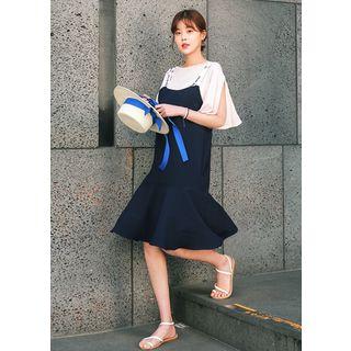 Lettering-strap Ruffle-hem Midi Jumper Dress