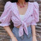 Puff-sleeve Tie-strap Gingham Cropped Blouse