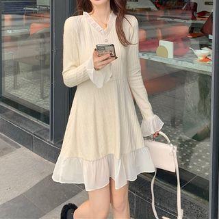 Long-sleeve Ruffle Trim Knit Midi Dress / Mini Dress