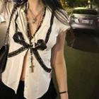 Short-sleeve Lace Trim Ribbon Blouse