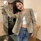 Round Neck Tweed Jacket Khaki - One Size
