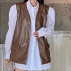 Single-breasted Faux Leather Vest / Puff-sleeve Shirt