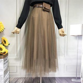 High-waist Mesh A-line Midi Dress