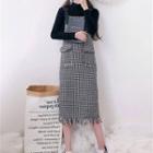 Houndstooth Fringed Hem Overall Dress