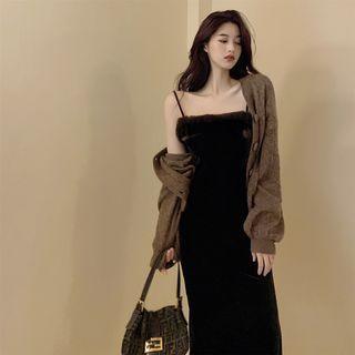 Plain Cardigan / Plain Velvet Sleeveless Dress