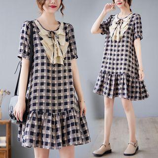 Short-sleeve Check Bow Smock Dress