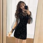 Set: Dotted Long-sleeve Mesh Top + Glitter Mini Velvet Pinafore Dress