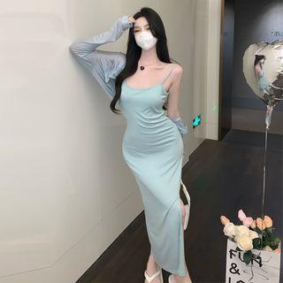 Spaghetti-strap Maxi Sheath Dress / Hooded Jacket