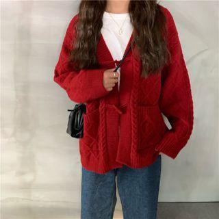 V-neck Plain Ribbed Button-up Knit Cardigan