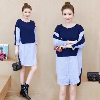 Striped Panel 3/4-sleeve Shift Dress
