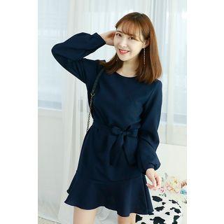Petite Size Balloon-sleeve Ruffle-hem Dress With Sash