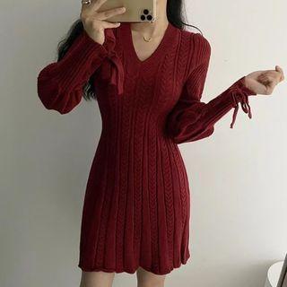 Long-sleeve Mini Cable-knit Dress Red - One Size